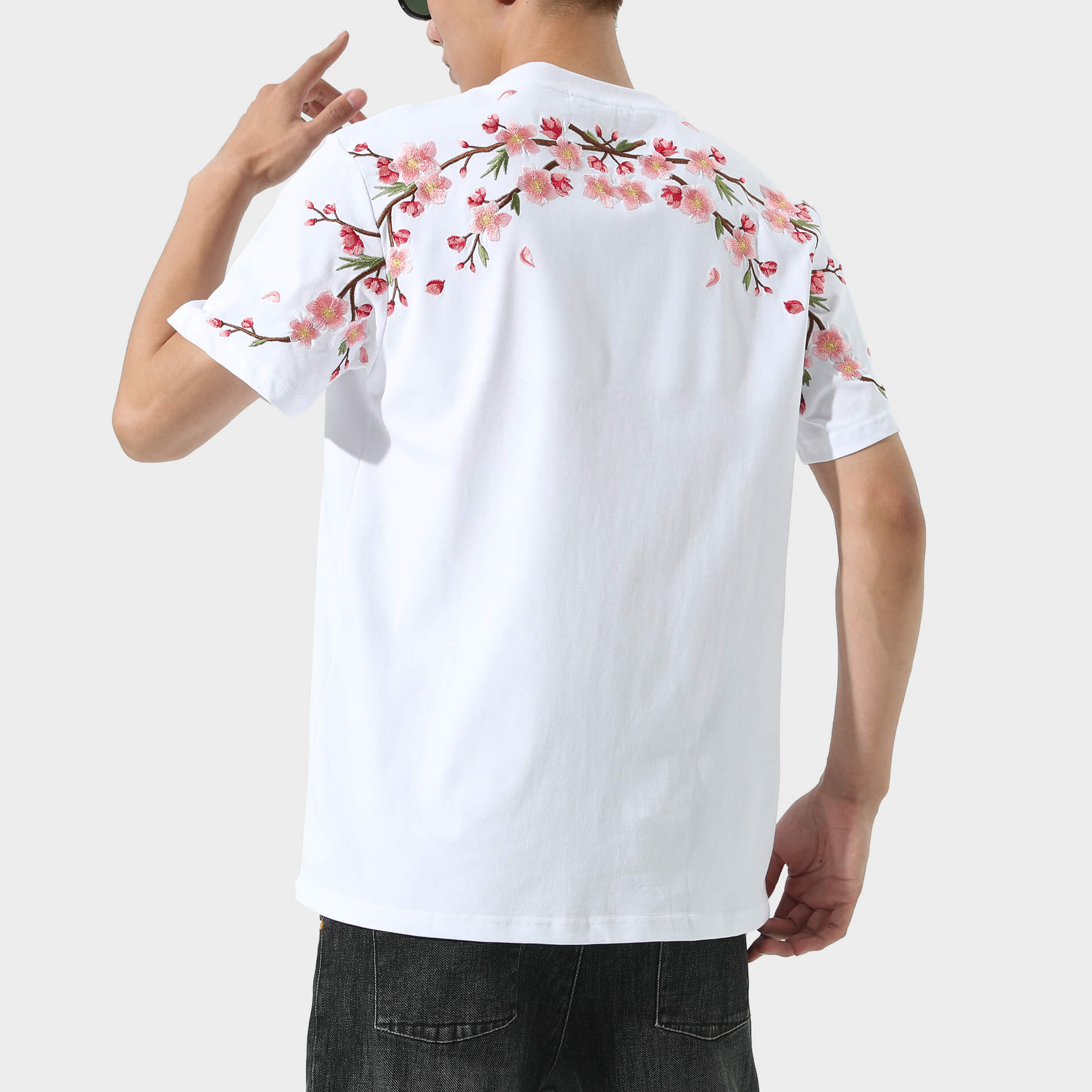 Loose Plum Sakura Embroidered Shirt Cherry Blossom Print Loose T-shirt