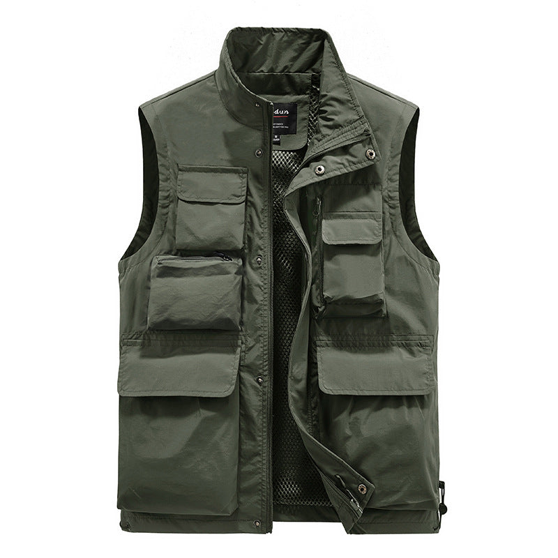 Men Outdoor Vest Multi-Pocket Solid Color Fishing Work Waistcoat Jacket