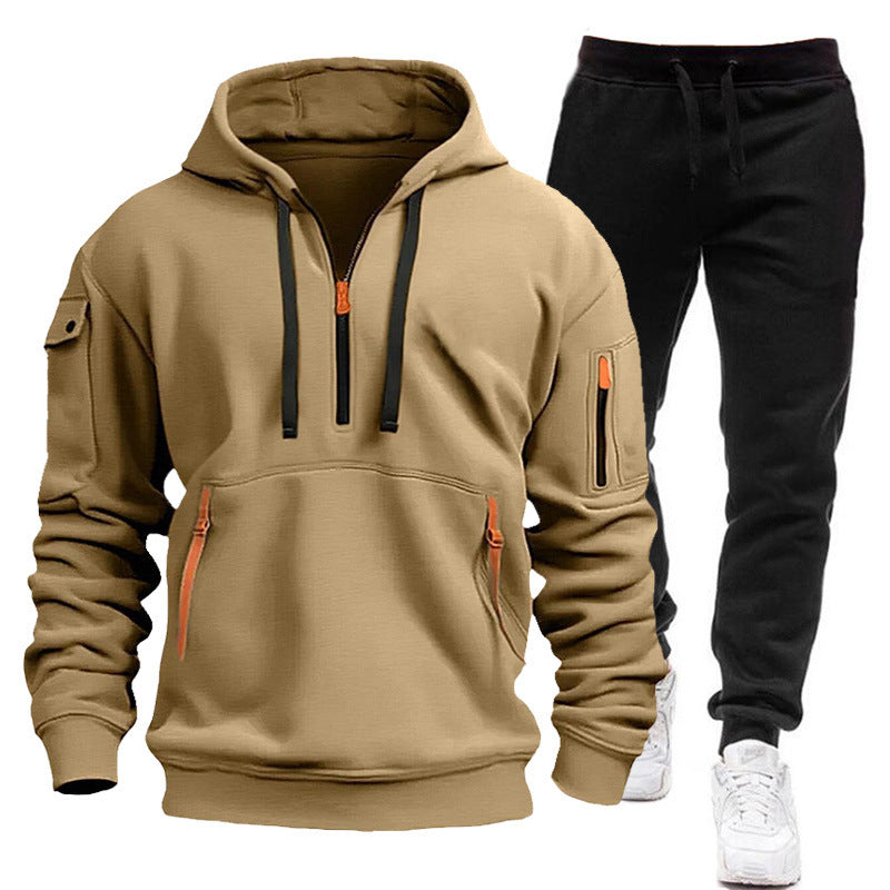 Men's Velvet Multi-pocket Zipper Sweater Suit Personalized Casual Hoodie Suit