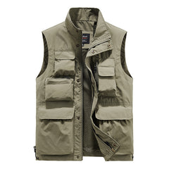 Men Outdoor Vest Multi-Pocket Solid Color Fishing Work Waistcoat Jacket