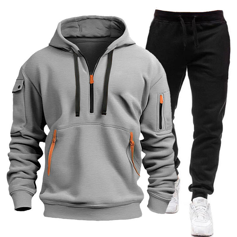 Men's Velvet Multi-pocket Zipper Sweater Suit Personalized Casual Hoodie Suit