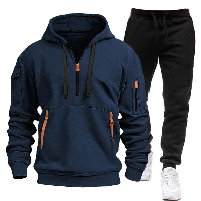 Men's Velvet Multi-pocket Zipper Sweater Suit Personalized Casual Hoodie Suit