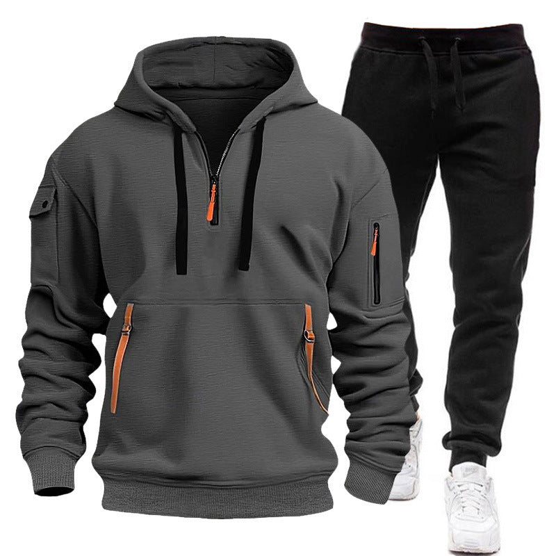 Men's Velvet Multi-pocket Zipper Sweater Suit Personalized Casual Hoodie Suit