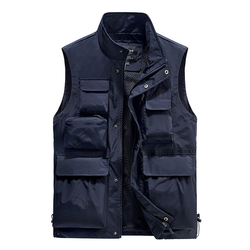 Men Outdoor Vest Multi-Pocket Solid Color Fishing Work Waistcoat Jacket