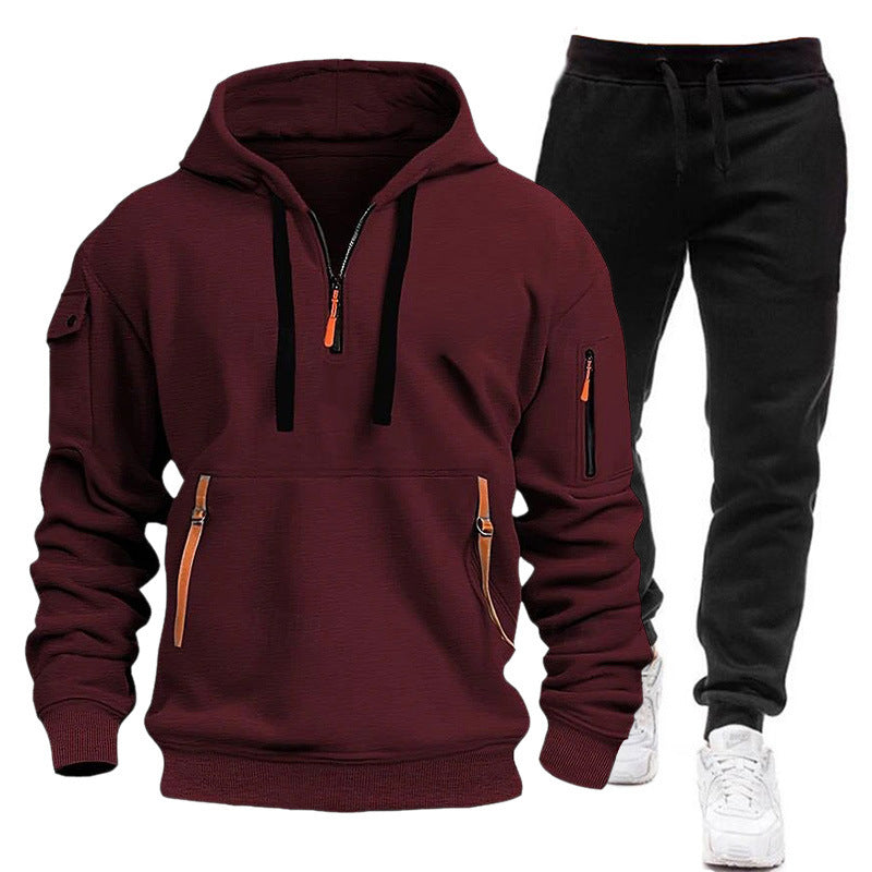 Men's Velvet Multi-pocket Zipper Sweater Suit Personalized Casual Hoodie Suit