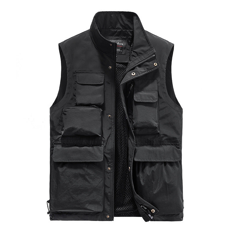 Men Outdoor Vest Multi-Pocket Solid Color Fishing Work Waistcoat Jacket