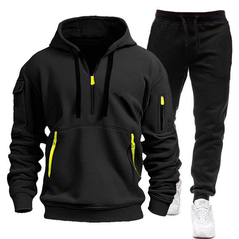 Men's Velvet Multi-pocket Zipper Sweater Suit Personalized Casual Hoodie Suit