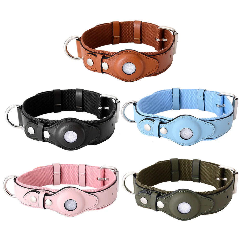 Adjustable Soft Leather Padded Dog Collar Airtag Leather Pet Collar Airtag Holder