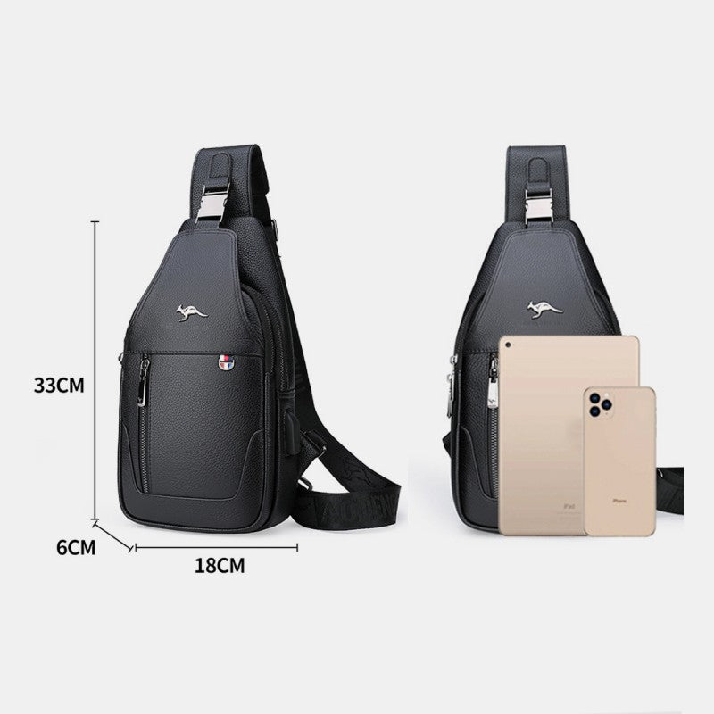 Genuine Leather Mens Sling Pack Shoulder Bag with USB Charging Port