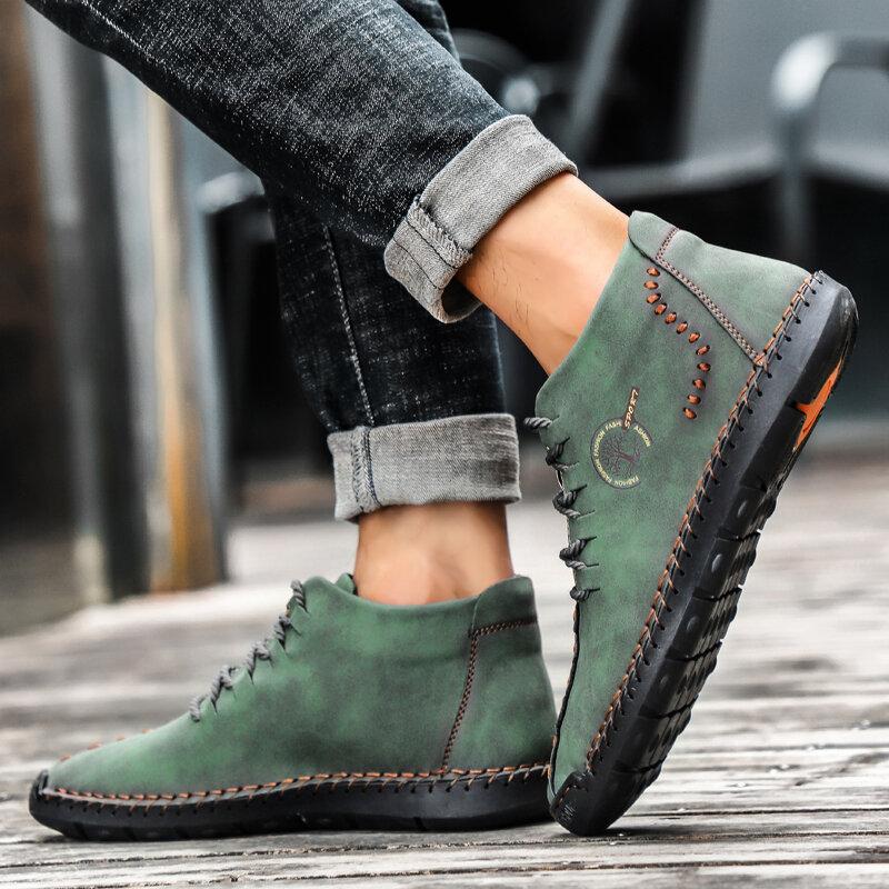 Men Hand Stitching Leather Non Slip Soft Sole Casual Ankle Boots