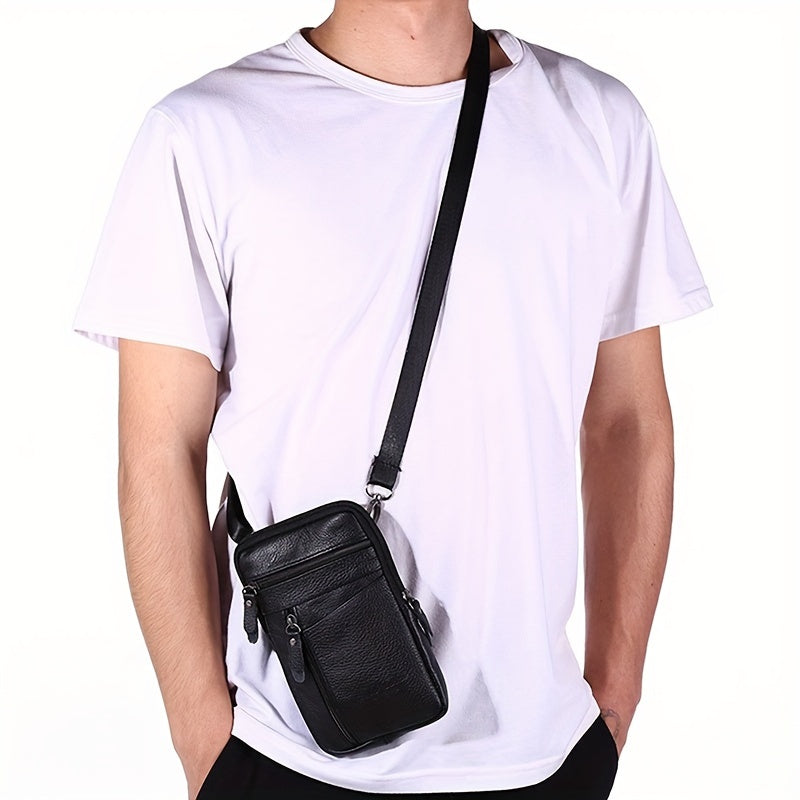 Men's Genuine Leather Crossbody Bag Outdoor Sports Phone Bag, Wearable Belt Waist Bag, Multifunctional Zipper Shoulder Bag