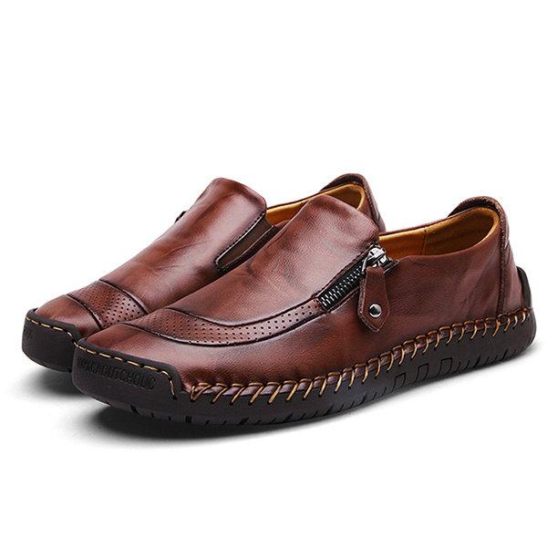 Men Hand Stitching Zipper Slip-on Leather Shoes