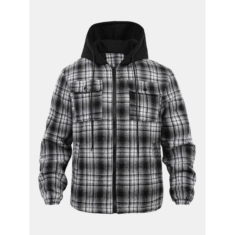 Thickened Jacket Quilted Lined Flannel Hooded Plaid Coat for Men Autumn and Winter