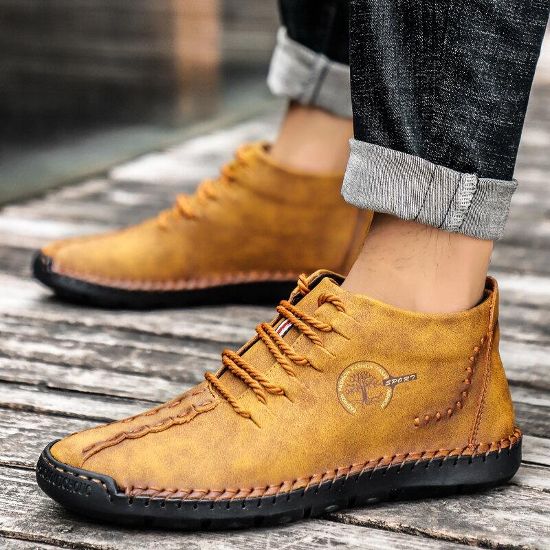 Men Hand Stitching Leather Non Slip Soft Sole Casual Ankle Boots