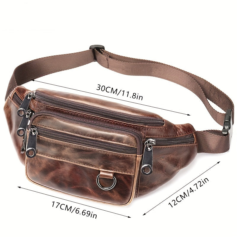 Men's Genuine Leather Multi-Pocket Waist Bag, Multifunctional Sports Shoulder Bag, Casual Top Layer Cowhide Waist Bag