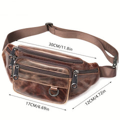 Men's Genuine Leather Multi-Pocket Waist Bag, Multifunctional Sports Shoulder Bag, Casual Top Layer Cowhide Waist Bag