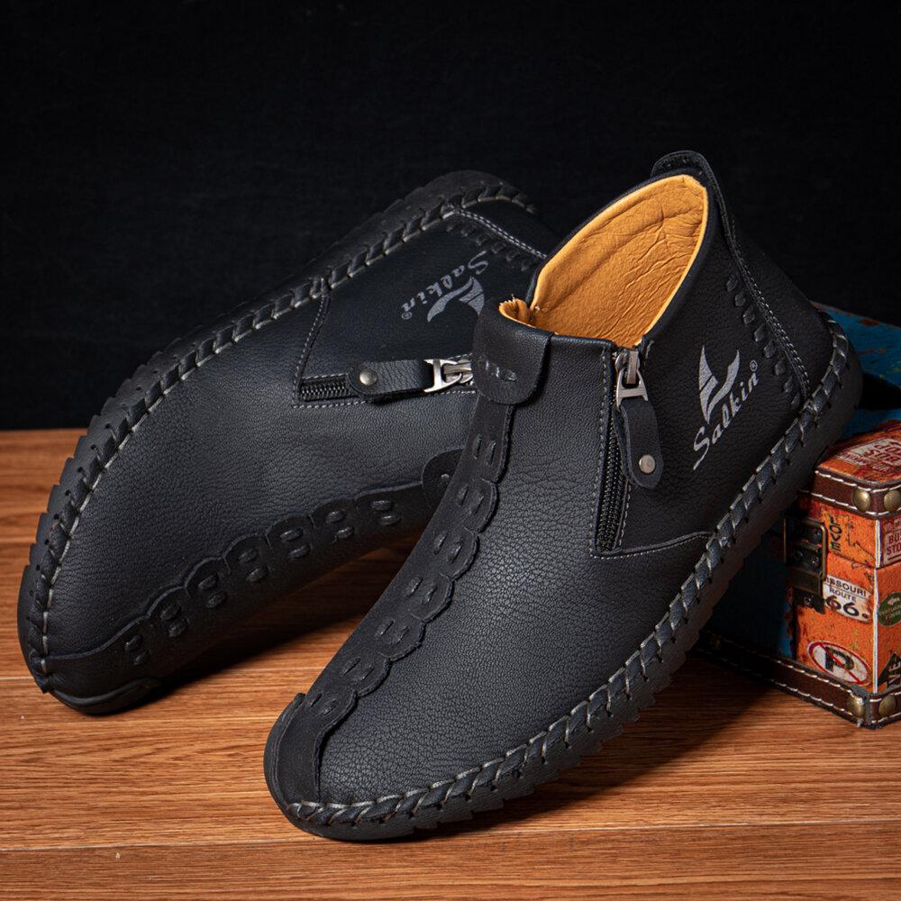 Men's Hand Sewing Side Zippered Soft Comfy Slip On Ankle Boots