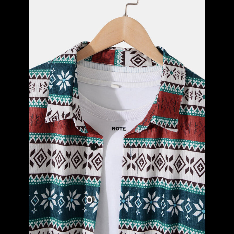 Mens Floral Ethnic Pattern Buttons Cuff Long Sleeve Lapel Shirts