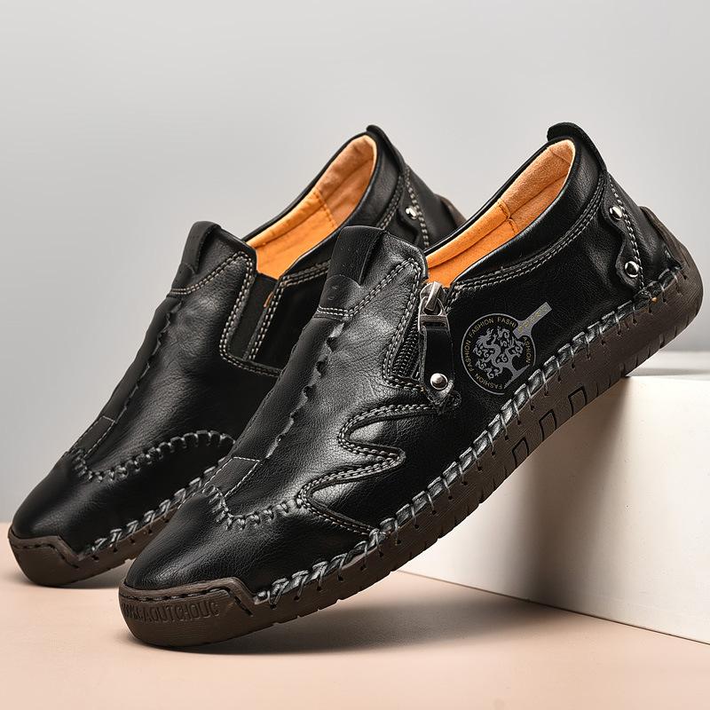 Men Side Zipper Comfy Hand Stitching Casual Leather Shoes