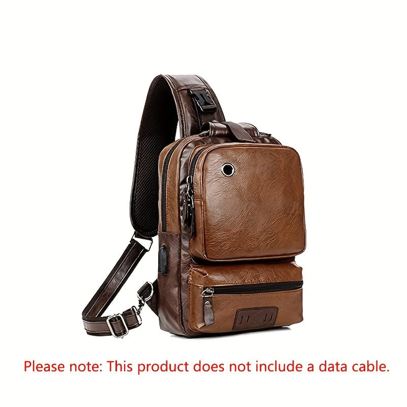 Retro PU Leather Men's Women's Chest Bag With Earphone Port Business Student Commuter Crossbody Bag