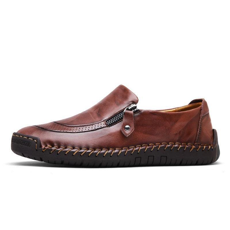 Men Hand Stitching Zipper Slip-on Leather Shoes