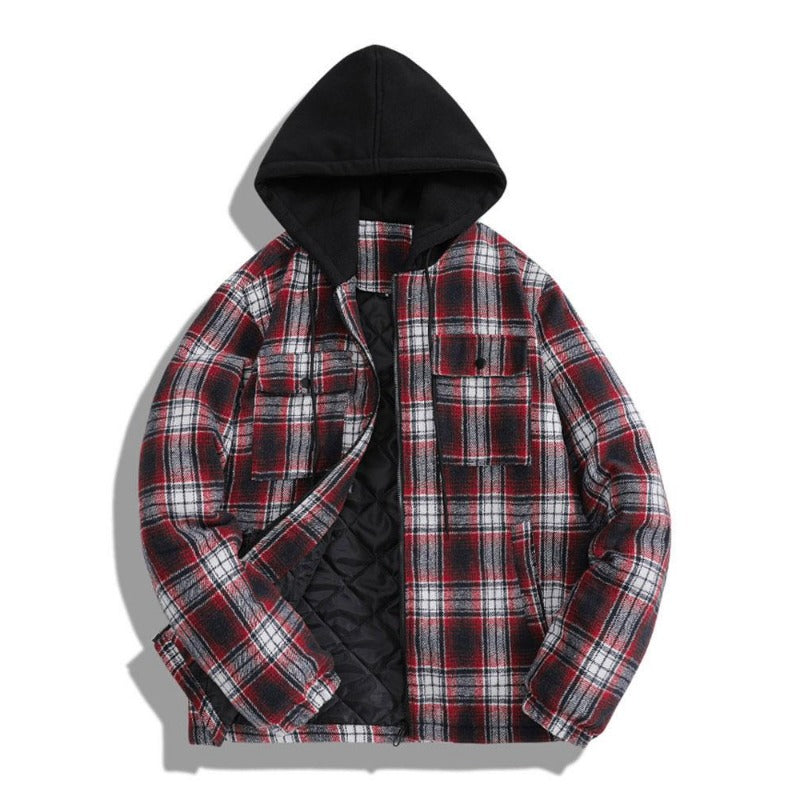 Thickened Jacket Quilted Lined Flannel Hooded Plaid Coat for Men Autumn and Winter