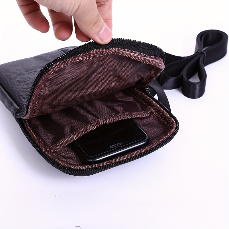 Men's Genuine Leather Crossbody Bag Outdoor Sports Phone Bag, Wearable Belt Waist Bag, Multifunctional Zipper Shoulder Bag