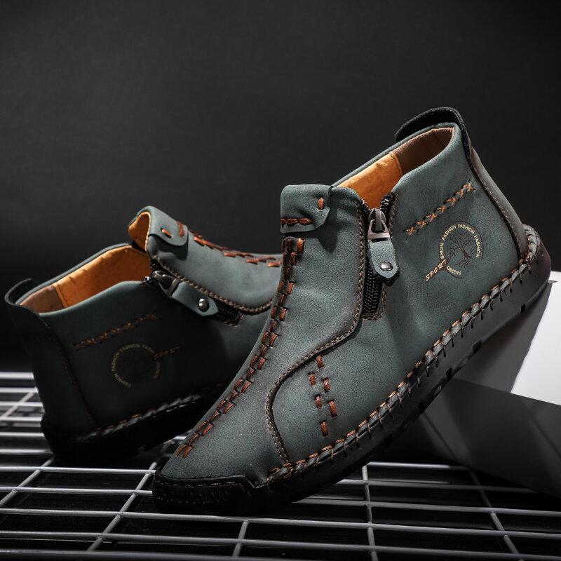 Men's Vintage Hand Sewing Microfiber Leather Side Zipper Ankle Boots