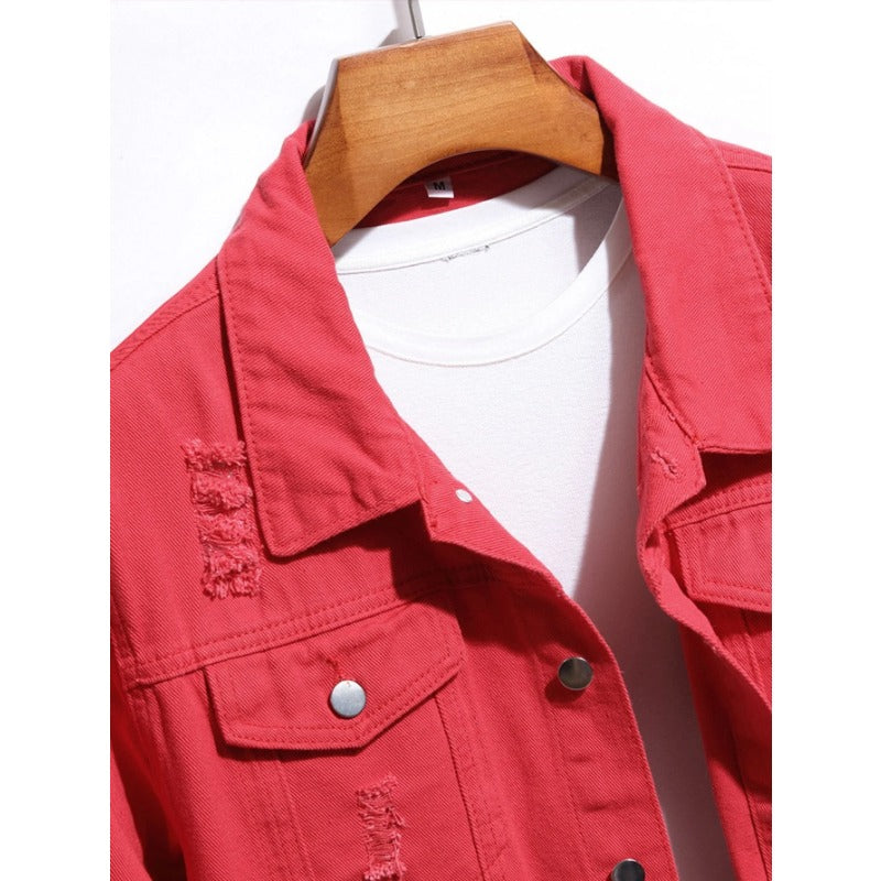 Red Denim Shirt European and American Jacket  Autumn and Winter Coat