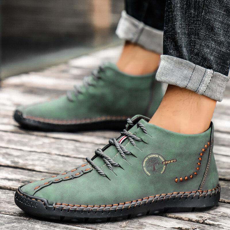 Men Hand Stitching Leather Non Slip Soft Sole Casual Ankle Boots