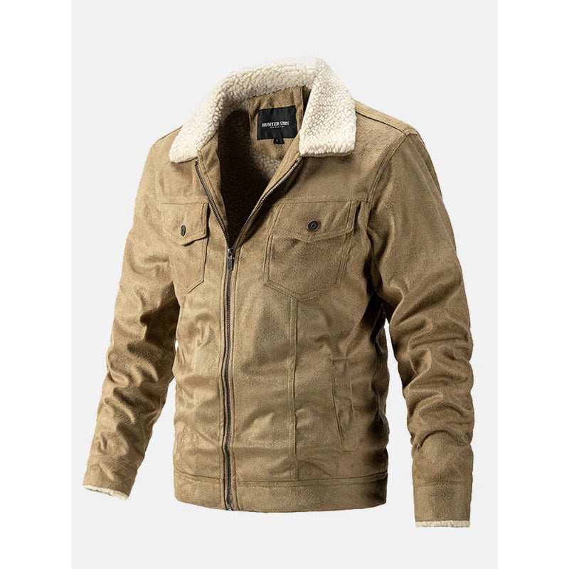 Suede Men's Tops Sherpa Lapel Zipper Jacket Men's Business Casual Coats