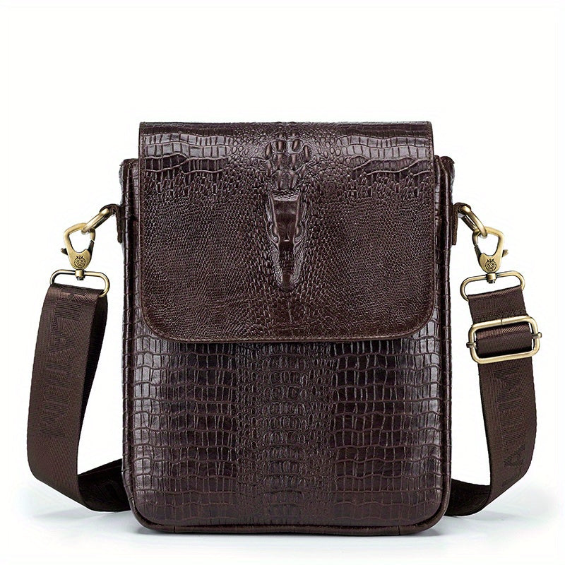 Genuine Leather Men's Crocodile Grain Shoulder Bag Head Layer Cowhide Vintage Men's Crossbody Bag