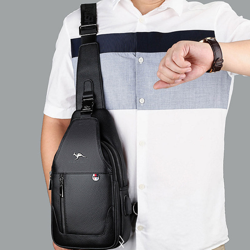 Genuine Leather Mens Sling Pack Shoulder Bag with USB Charging Port