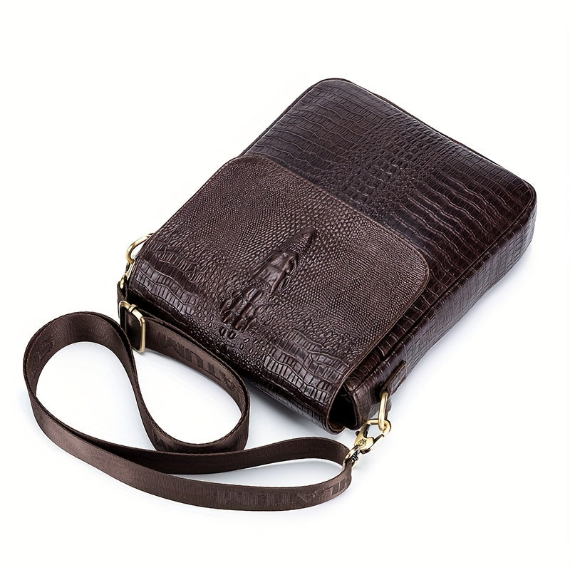 Genuine Leather Men's Crocodile Grain Shoulder Bag Head Layer Cowhide Vintage Men's Crossbody Bag