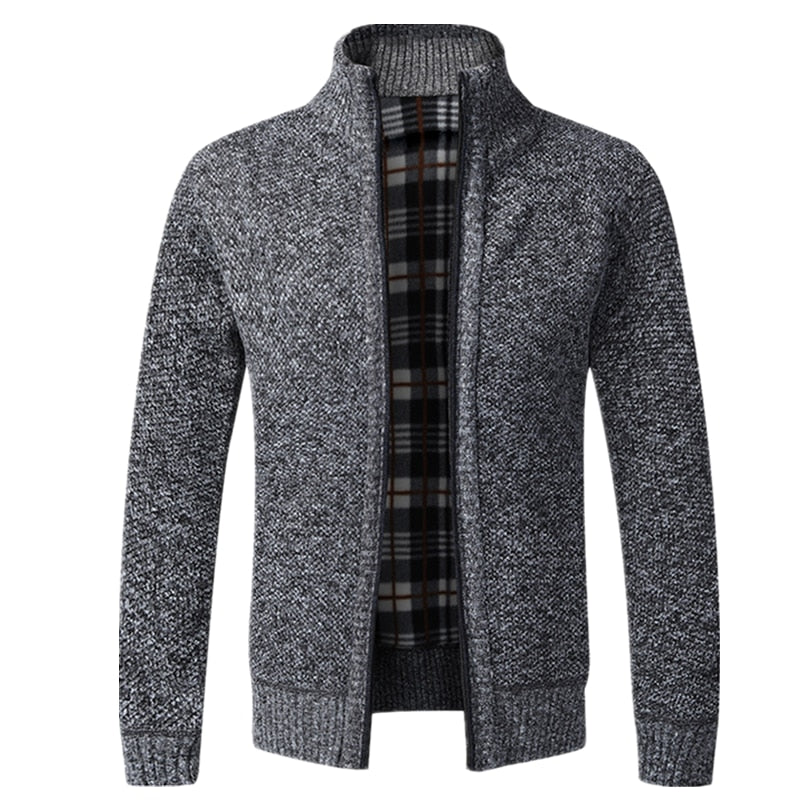 Men's Knitted Warm Slim Fit Stand Collar Zipper Cardigan Sweater Jacket  Flannel Lining