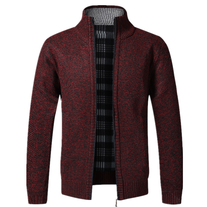 Men's Knitted Warm Slim Fit Stand Collar Zipper Cardigan Sweater Jacket  Flannel Lining