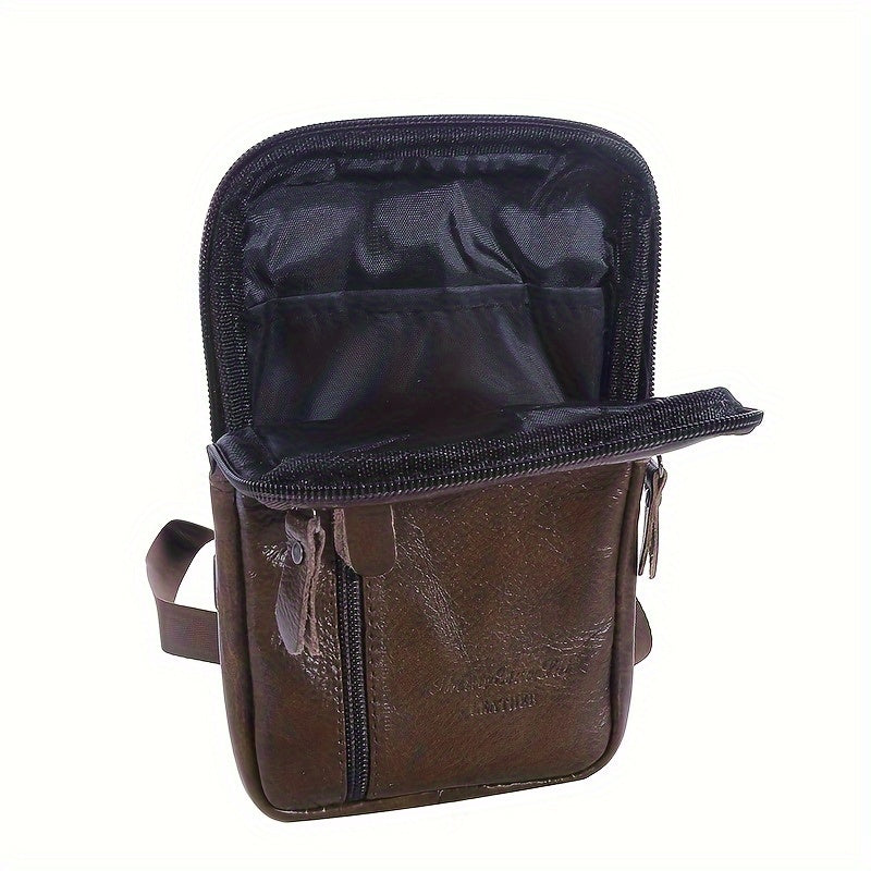 Men's Genuine Leather Crossbody Bag Outdoor Sports Phone Bag, Wearable Belt Waist Bag, Multifunctional Zipper Shoulder Bag