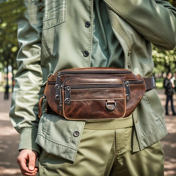 Men's Genuine Leather Multi-Pocket Waist Bag, Multifunctional Sports Shoulder Bag, Casual Top Layer Cowhide Waist Bag