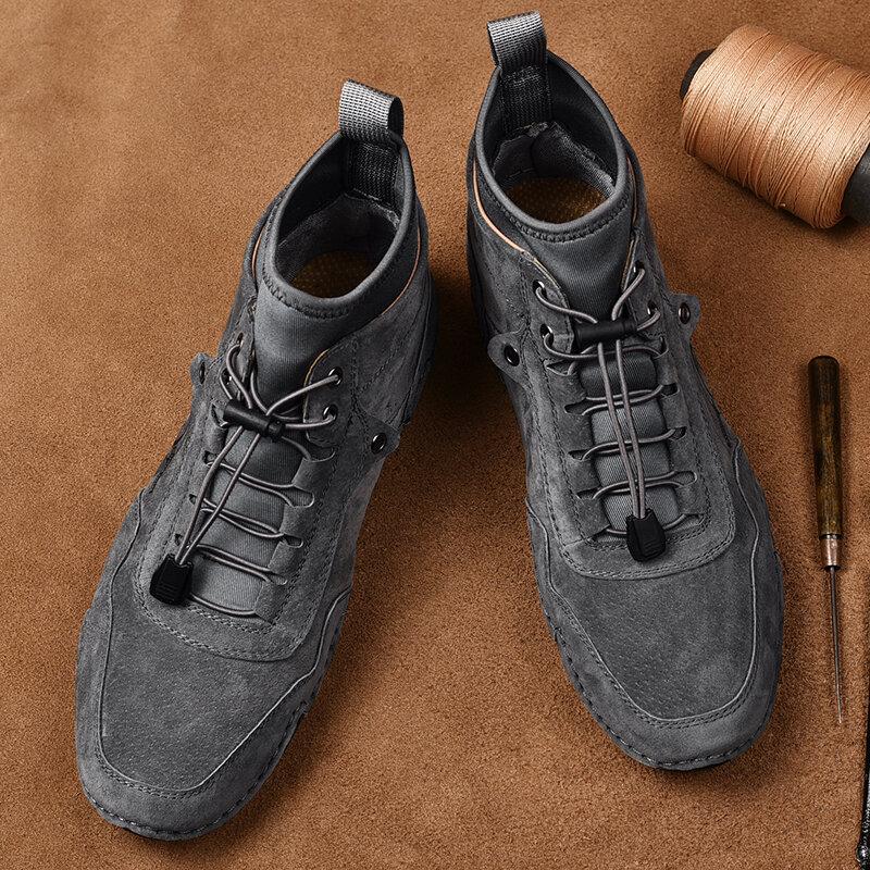 Men's Leather Breathable Splicing Soft Sole Comfortable Business Elastic Laces Casual Shoes