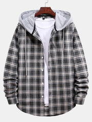 Button Up Drawstring Hooded Plaid Shirts