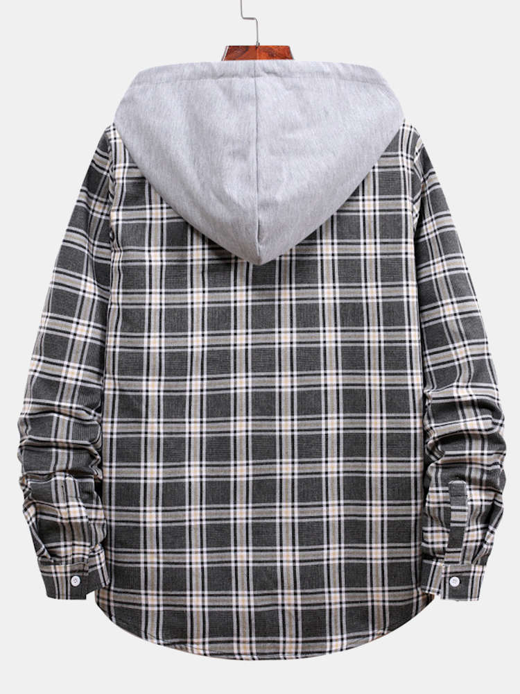 Button Up Drawstring Hooded Plaid Shirts