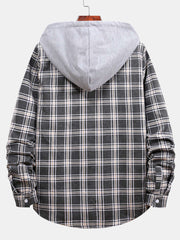 Button Up Drawstring Hooded Plaid Shirts