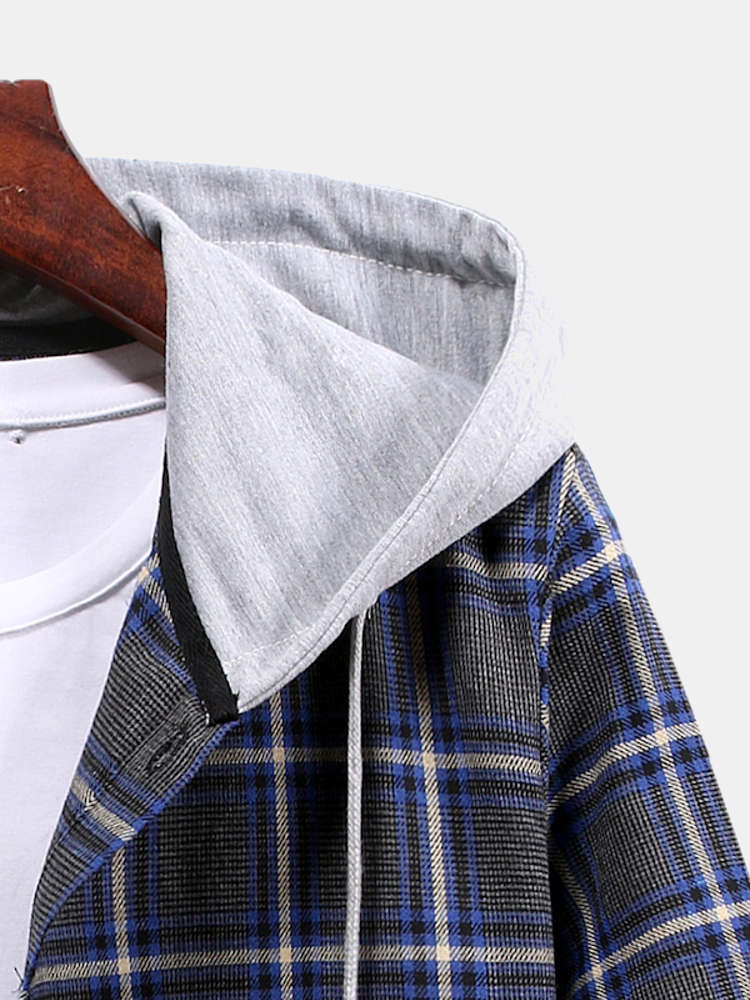 Button Up Drawstring Hooded Plaid Shirts