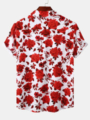 Red Floral Print Revere Collar Shirt