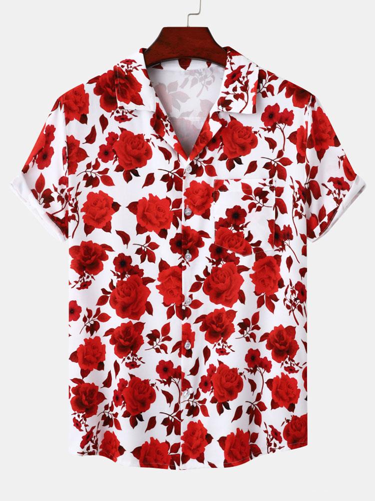 Red Floral Print Revere Collar Shirt