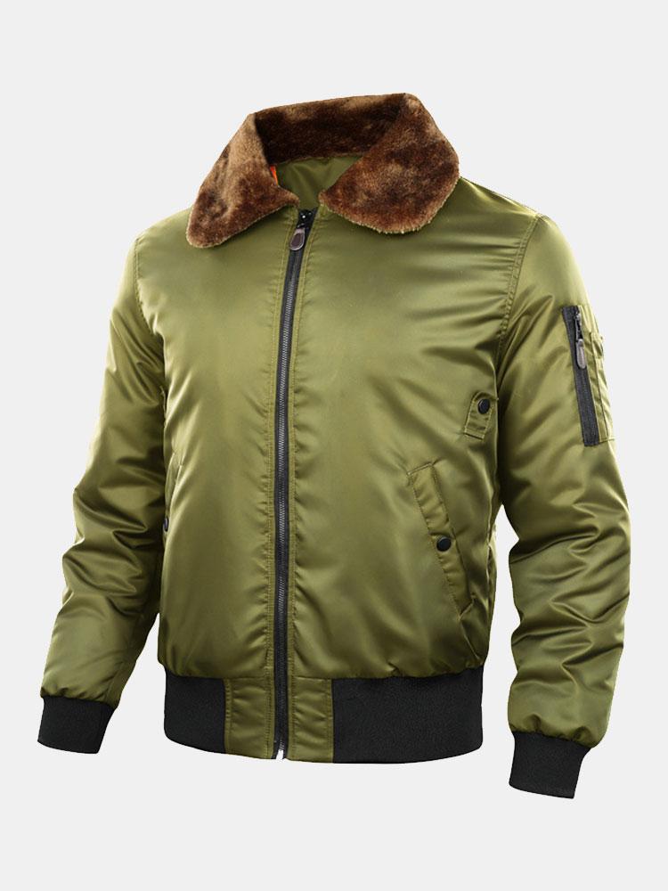 Thickened Quilted Lined Bomber Jacket With Faux Fur Collar Coats