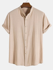 Linen Look Cotton Blend Stand Collar Shirt