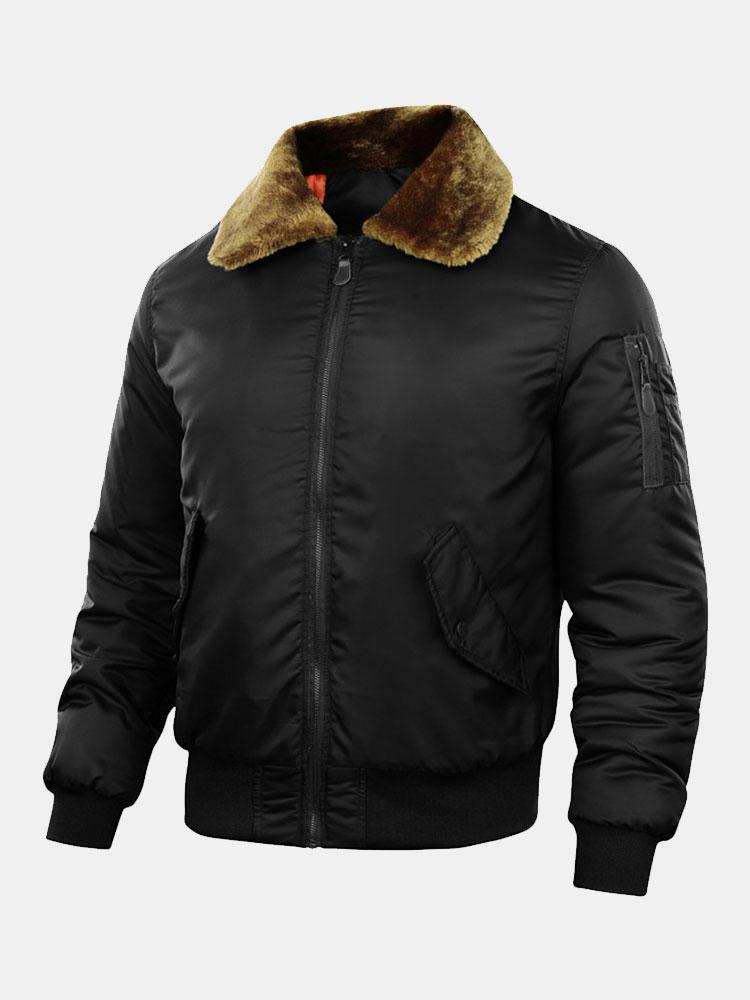 Thickened Quilted Lined Bomber Jacket With Faux Fur Collar Coats