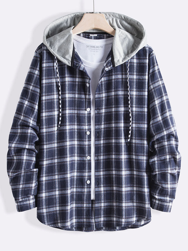 Men's Drawstring Hooded Loose Shirt Plaid Patchwork Long Sleeve Shirt