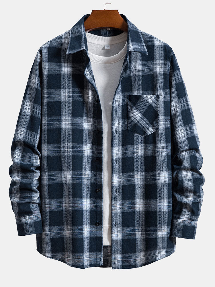 Men's Colorful Plaid Shirt Coat Casual Brushed Long Sleeve Shirt